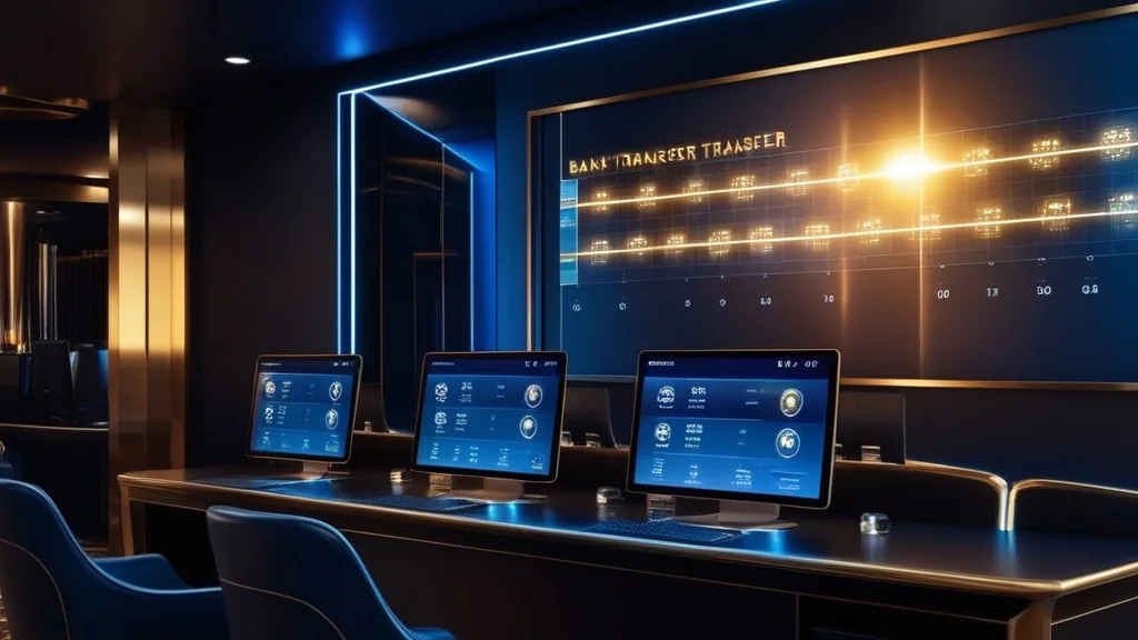Donkere casino-interface met tijdlijn voor bankoverschrijving en wachttijd