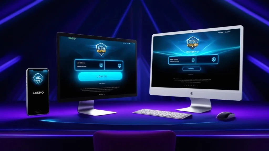 Mobiel en desktop met een inlogscherm in een donker casino-thema