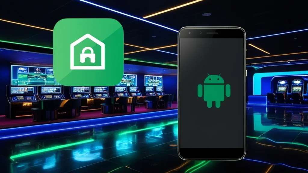 Android-telefoon met APK-bestand in een donkere casino-setting