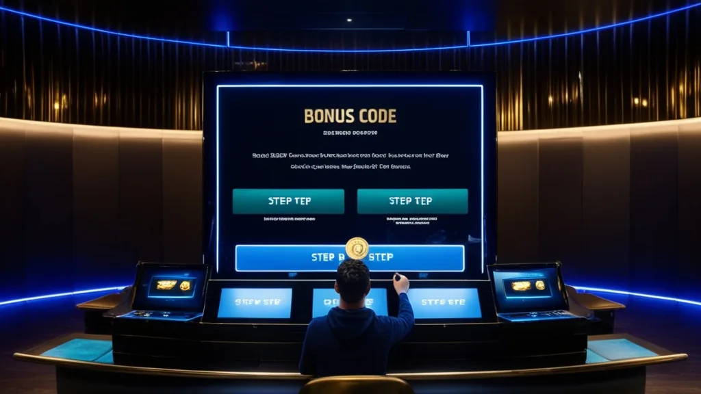 Speler voert een bonuscode in op een casino-interface met gloeiende knoppen