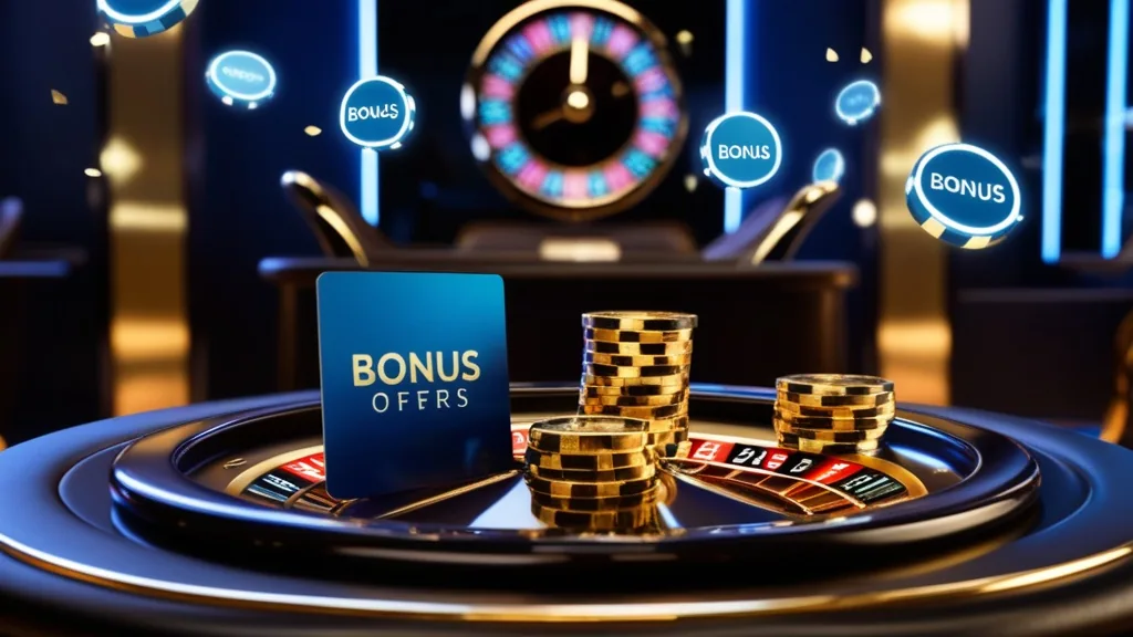 Bonuschips en een bonuskaart op een donkere casinotafel met goudblauw licht