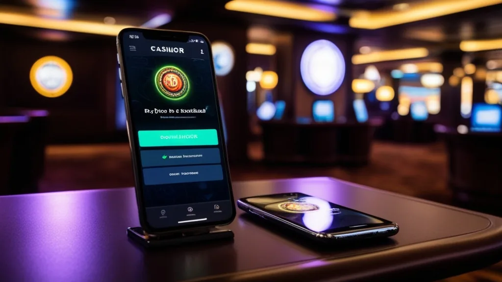 Smartphone met downloadscherm in een donkere casino-omgeving