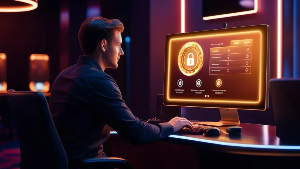 Gebruiker controleert inloggegevens in een donker casino-thema