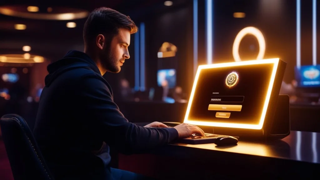 Speler logt in bij een donker verlicht casino-inlogscherm