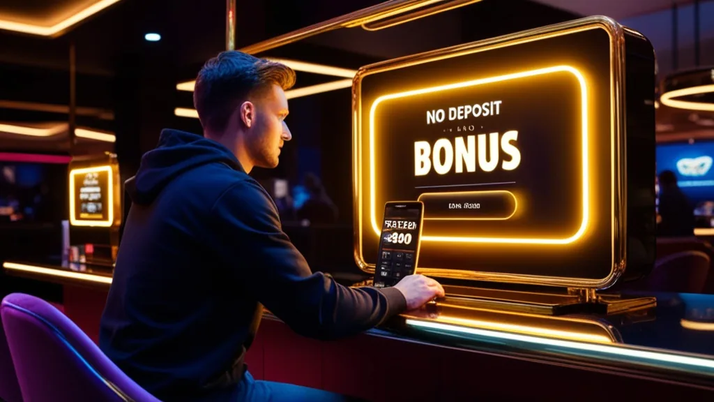 Nieuwe speler bekijkt no deposit bonus op een verlichte casinobalie