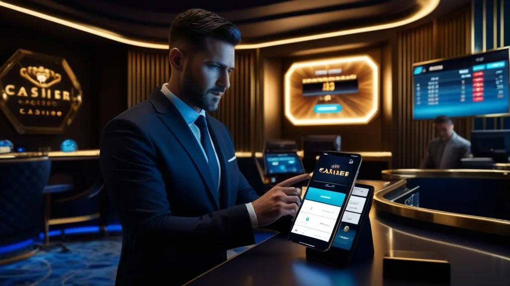 Speler bekijkt een opname-status in een donkere casinoomgeving